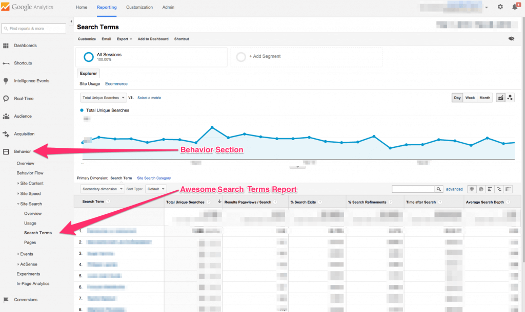 Search Terms report in Google Analytics