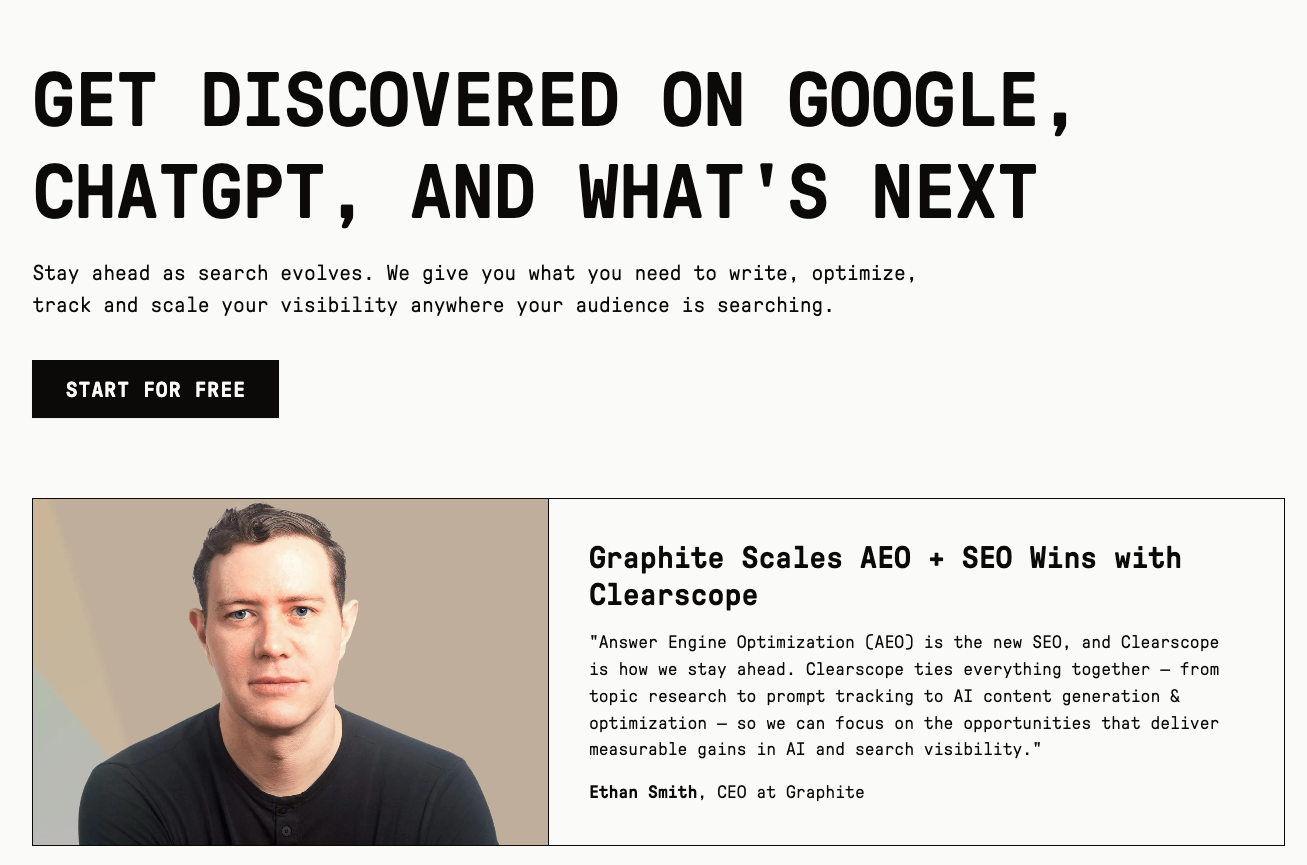 Clearscope homepage with a customer story about scaling AEO and SEO wins