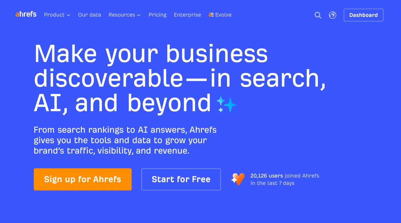 Ahrefs homepage promoting tools that make a business discoverable in search and AI answers