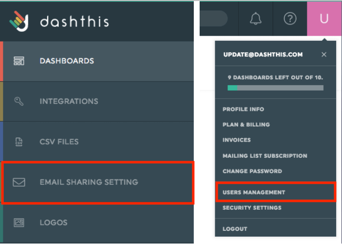 dashboard management options